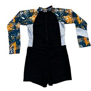 One piece shorts rash guard with long sleeves, multi colored tropical print, XS.